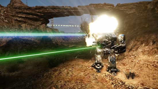 Best robot games - an Atlas mech is firing lasers while taking damage in a desert in Mechwarrior Online. Three robots can be seen on the other side of the ravine.