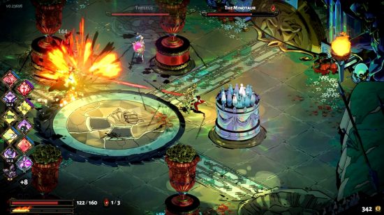 Best roguelike games: Zagreus throwing his spear at the Minotaur during the boss fight on Elysium as a stadium of shades look on.