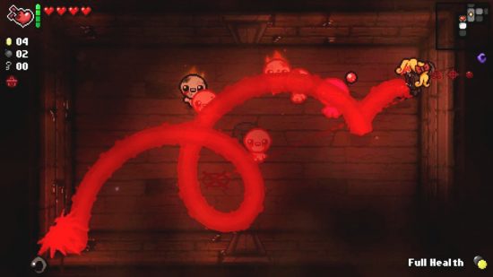 Best roguelike games: A room in the Basement level of the Binding of Isaac, as Isaac in a wig vomits a stream of blood onto a group of enemy babies on fire.
