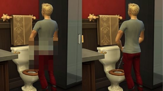 A split image showing the same man peeing in a toilet, with one uncensored, from the Sims 4 sex mod Crystal Clear, No Censor