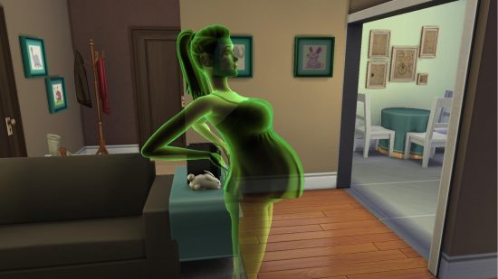 A green transulant female Sims is visibly pregnant in sims 4 sex mod Ghosts can have babies!