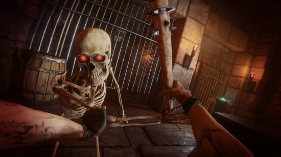 Best VR games - a skeleton is attacking a tattooed man armed with a club in a dungeon in Bonelab.
