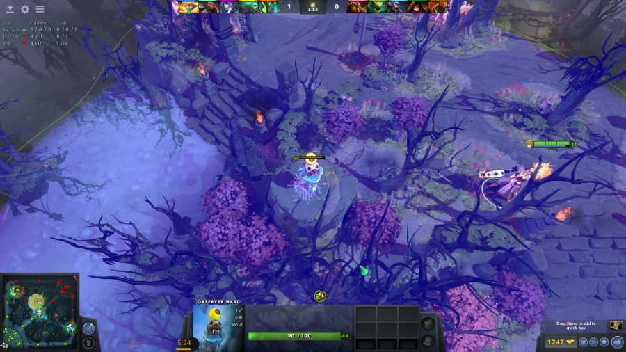An observer ward is highlighted, showing its range, in Dota 2