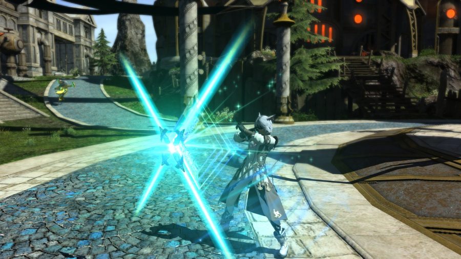 A Sage in Final Fantasy XIV using a skill that sends out beams of teal light