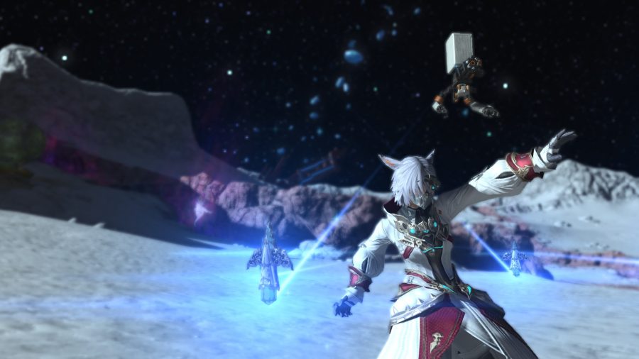 The FFXIV Sage using an ability on top of a snowy mountain at night