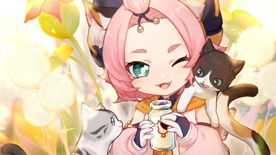 Genshin Impact Diona feeding two adorable kittens