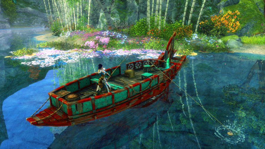 Fishing from a skiff in Guild Wars 2's End of Dragons expansion