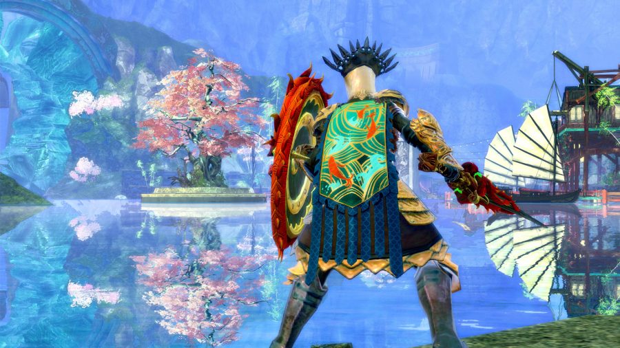 A warrior with a sword and shield standing in front of a tranquil river in Guild Wars 2 End of Dragons