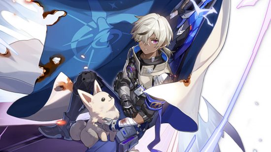 Arlan is one of the playable Honkai Star Rail characters. Here we see him petting his dog with his bandaged hand and arm, while hiding behind his singed cape.