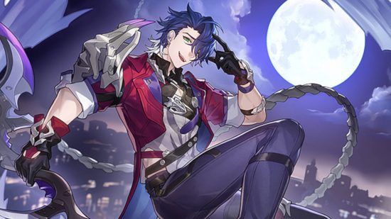 Sampo is one of the more attractive Honkai Star Rail characters, and he knows it as he's posing against the moon in an action pose with his chain whip.