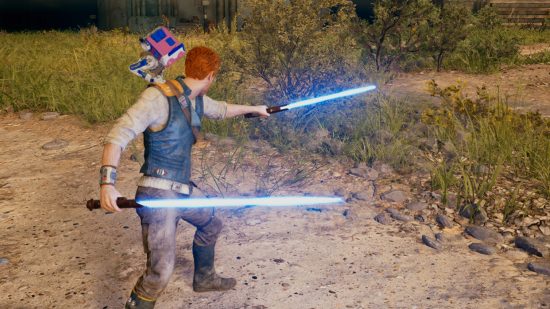 Jedi survivor lightsaber stances: Cal Kestis wields two blue lightsabers in the dual wield stance.
