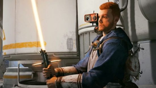 Cal Kestis hold a yellow-bladed Crossguard lightsaber in front of him, as BD-1 peers over his shoulder.