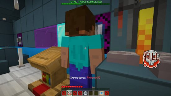 Best Minecraft maps - a player is standing behind another player doing a task in the Among Us map. There is a kill prompt on the screen.