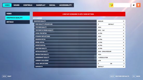 The Overwatch 2 advanced graphics settings menu