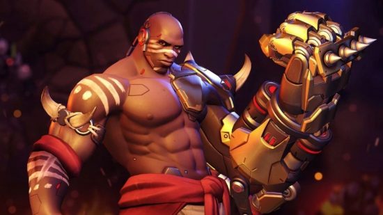 Overwatch 2: Doomfist, a muscle-bound tank hero sporting a giant mechanical arm that he uses as his primary weapon.