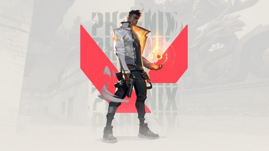 Valorant tier list: Phoenix, an a-tier agent, in front of a light backdrop bearing a red V, holding a fireball above his left hand.