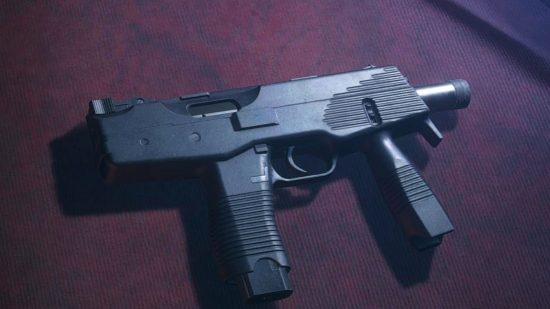 Resident Evil 4 best weapons: The TMP submachine gun lying on the counter of the Merchant's shop stall.