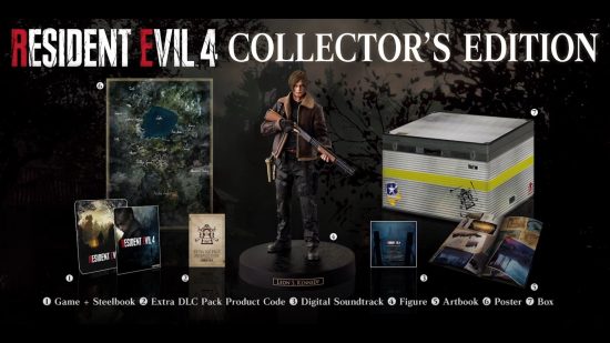 Resident Evil 4 remake release date: A visual graphic of the collector's edition of the horror game, showing the Leon Kennedy figure, map poster, artbook, and more.