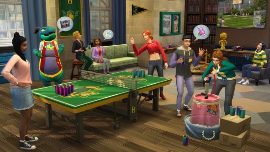 Sims 4 expansions: Students hang out in a university communal area in the Discover university expansion pack
