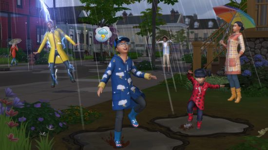 Sims 4 expansion packs: people play in the thunder and rain in the sims 4 Seasons pack