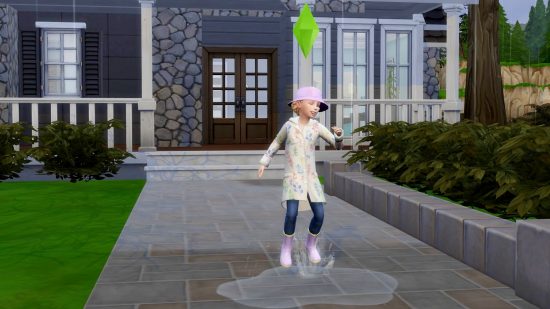 A young child jump in a puddle while wearing a waterproof coat in the My Favourite Raincoat The Sims 4 mod.