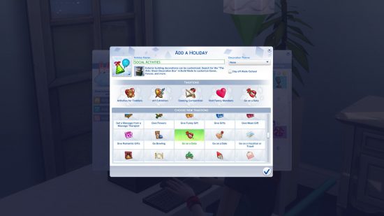 The Sims 4 mods: A screen showing a selection of holidays and activities to choose from in the Social Activities mod.