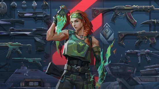 Valorant tier list: Skye, an a-tier agent, wears green on a blue and red backdrop, as green flames surround her hands.