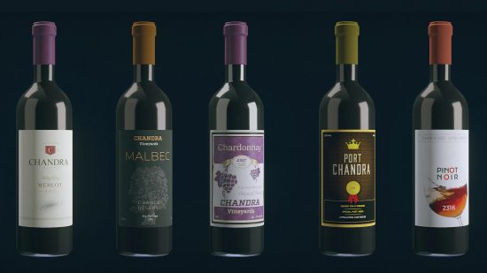 Starfield mods: five wine bottles, in a row.