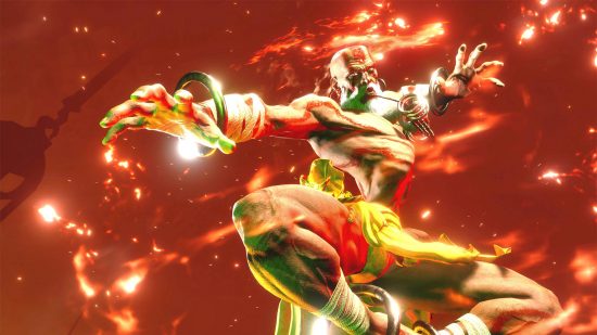 Street Fighter 6 tier list: Dhalsim is surrounded by the flames of Agni as he prepares to attack.