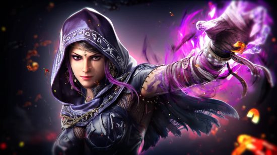 Zafina is one of the Tekken 8 characters and is wearing purple robes. Her bandaged left hand is cursed and glowing a demonic magenta.