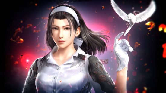 Jun Kazama is one of the more surprising inclusions in the Tekken 8 roster characters. She is wearing white clothing and has a tame bird on her finger.