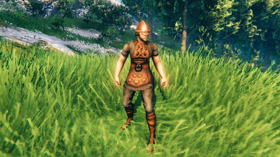 A Viking in Valheim wearing leather armour
